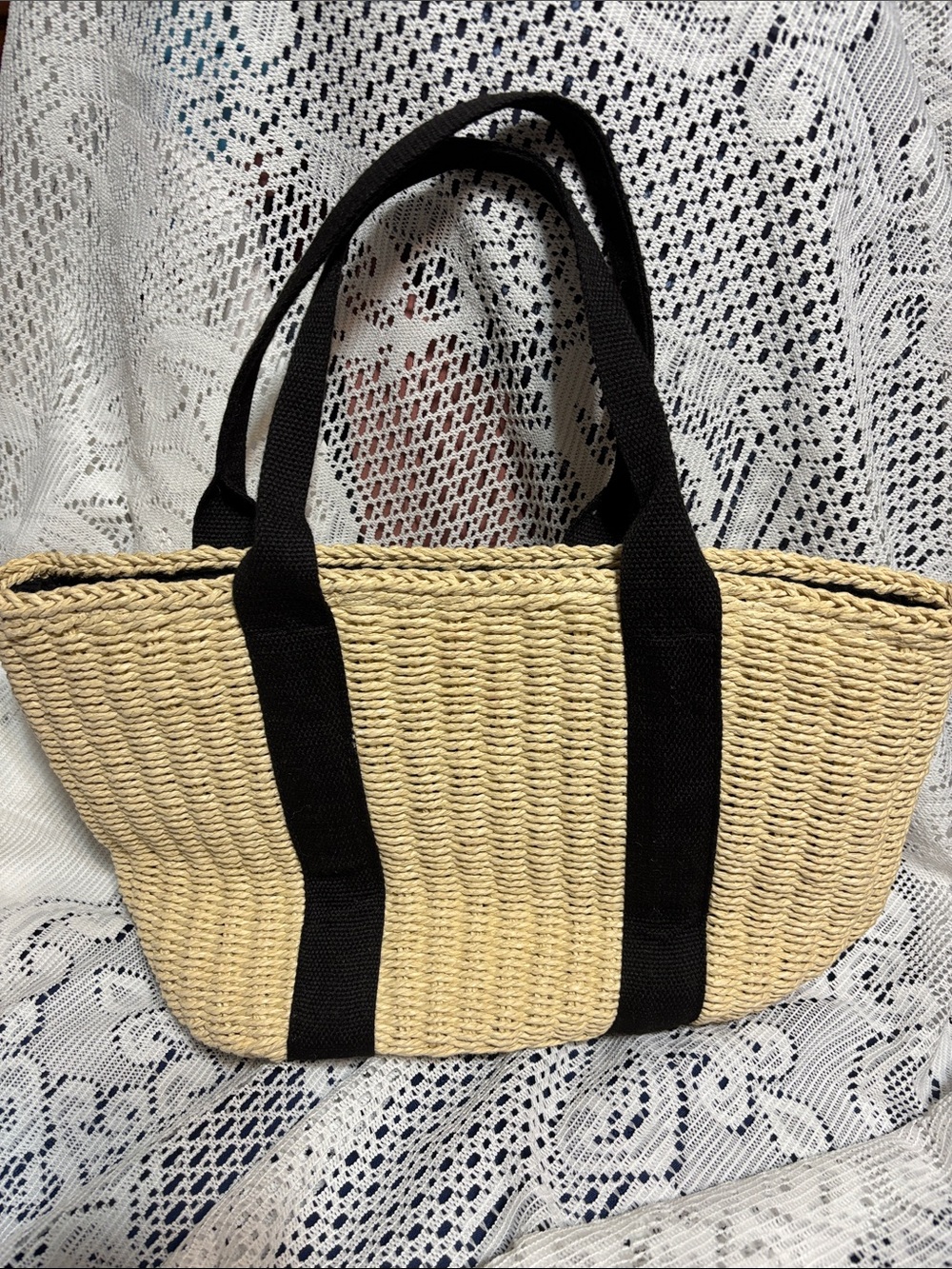 Straw Tote Bag with strong Black double Handles - Natural